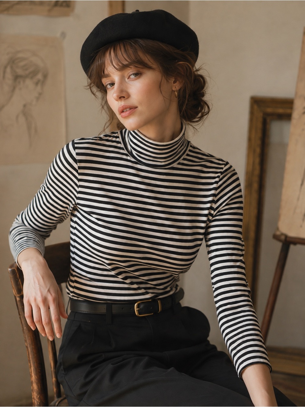 Uniqlo Black and White Striped Turtleneck Long Sleeve Top